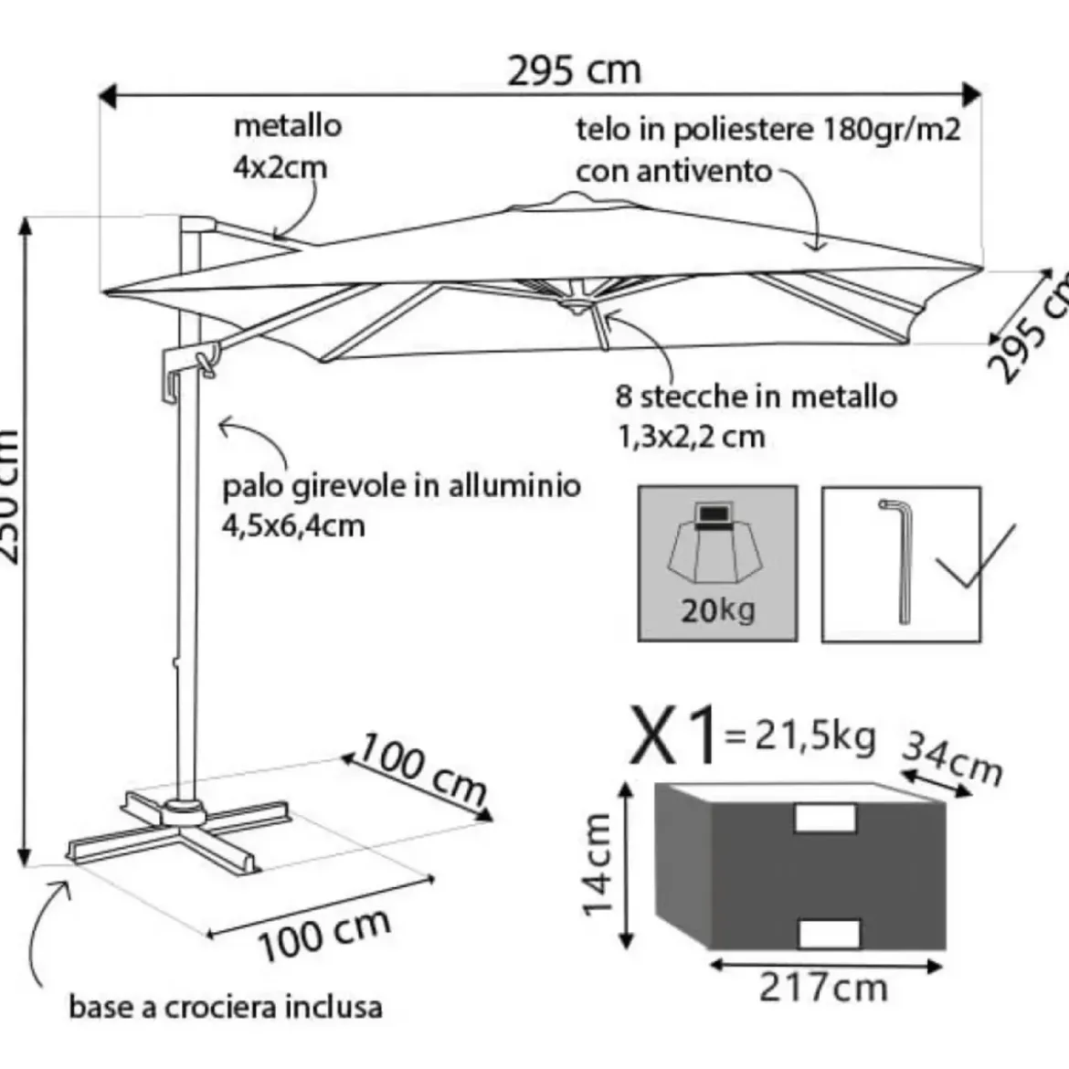 Ombrellone per Giardino 3x3 Palo Laterale Ecrù Nero Base a Crociera