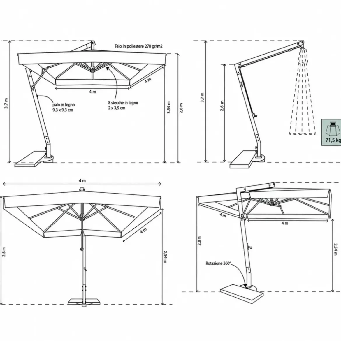 Ombrellone per Giardino 3x4 Palo Laterale Ecrù Struttura Legno Rotante