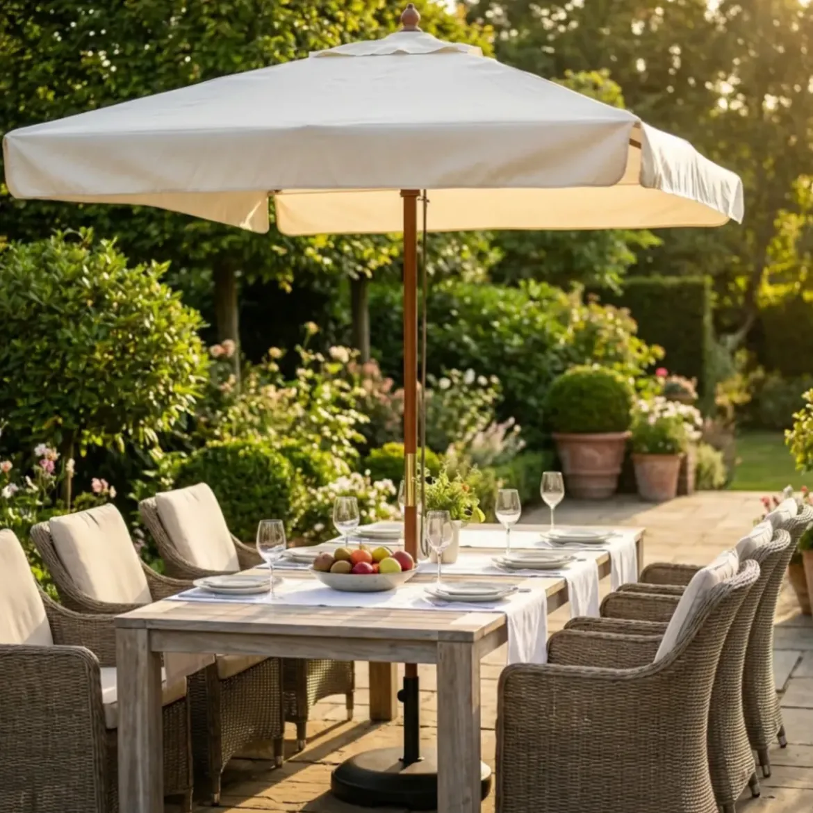 Ombrellone per Giardino 2x3 Rettangolare Palo Centrale Ecrù Legno