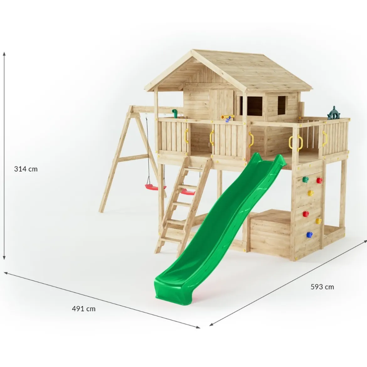 Parco Giochi Casetta in Legno con 2 Altalene e Scivolo 491x593x314cm