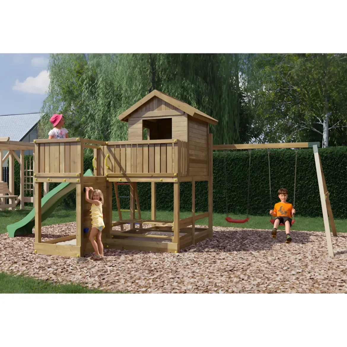 Parco Giochi in Legno Casetta Piattaforme Scivolo Altalena Sabbiera