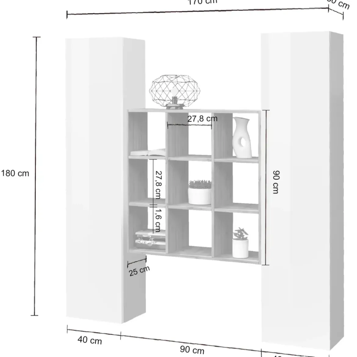 Parete Attrezzata Libreria Soggiorno Bianco Lucido Rovere 170 cm