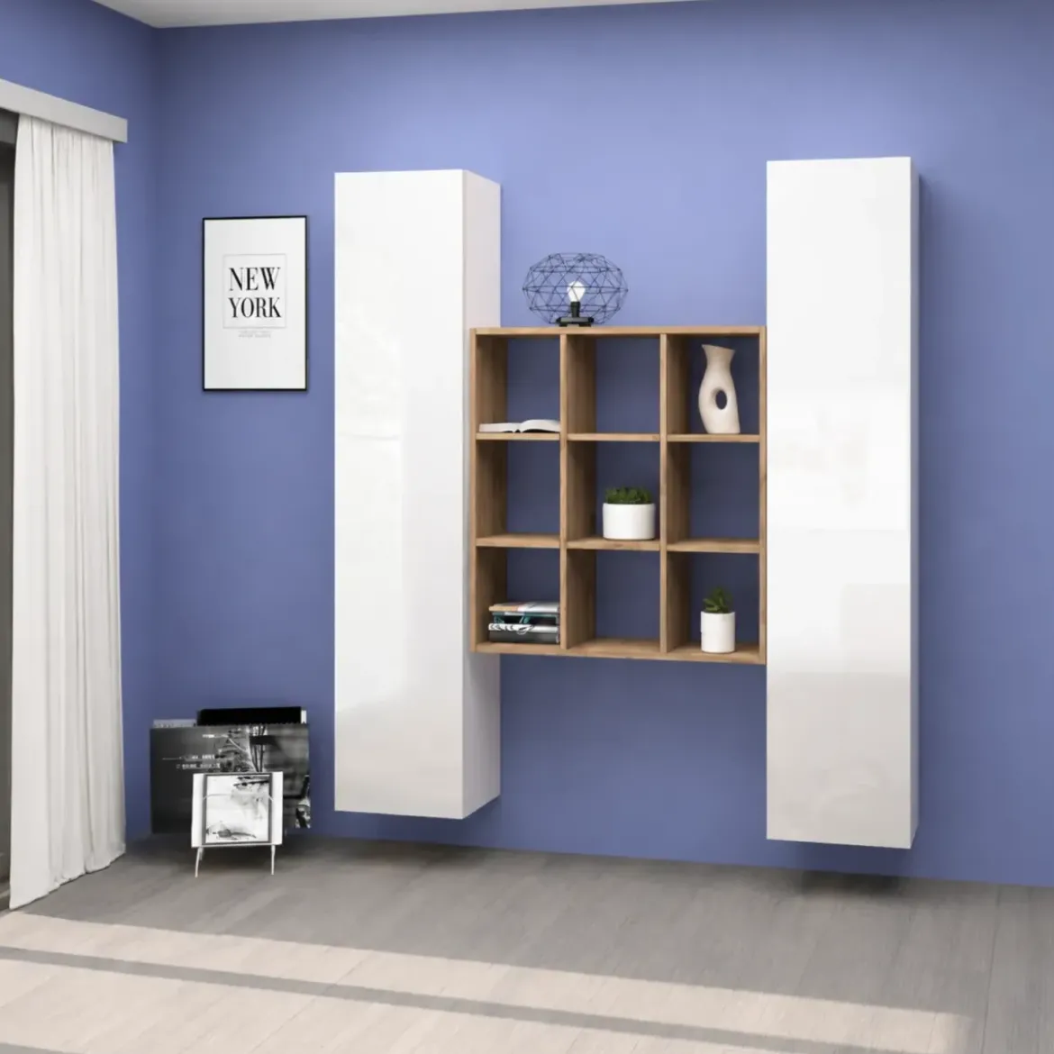 Parete Attrezzata Libreria Soggiorno Bianco Lucido Rovere 170 cm