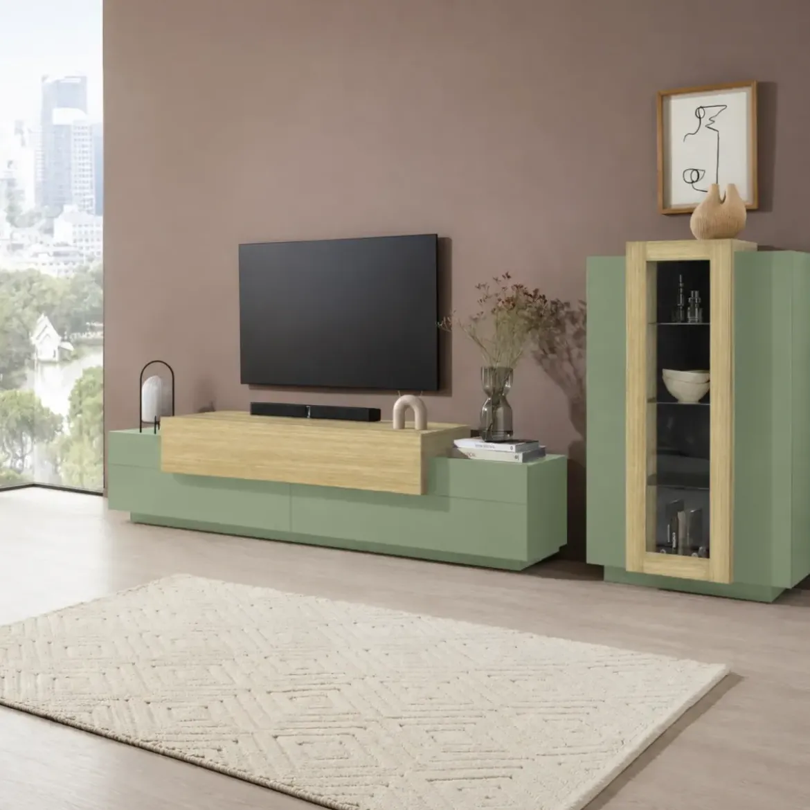 Parete Attrezzata Soggiorno 280 cm Verde Salvia Rovere Porta TV Vetrina