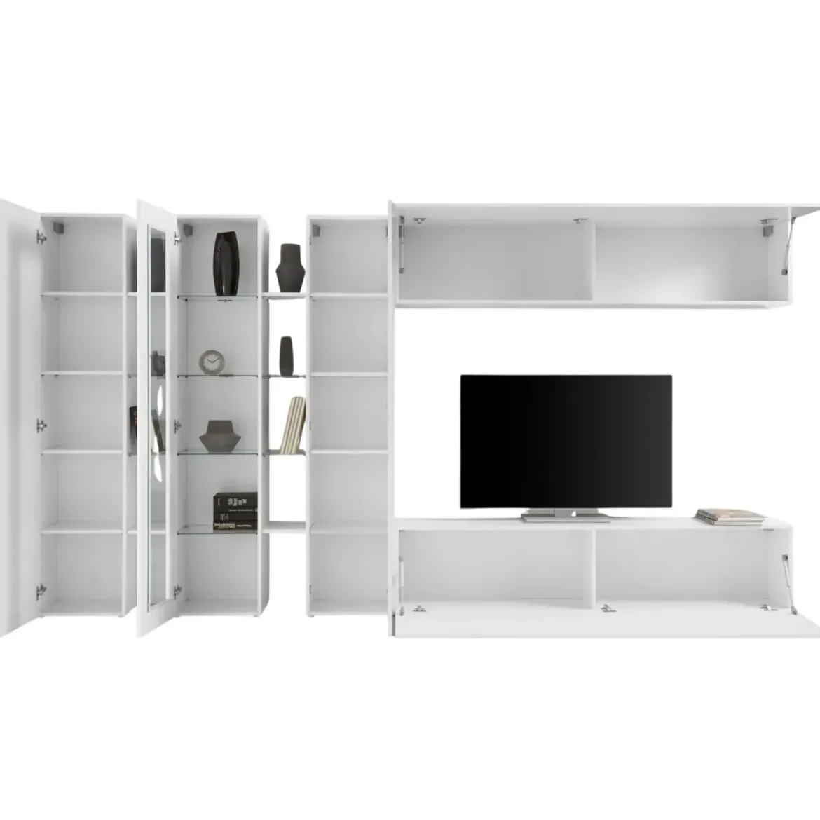 Parete Attrezzata Soggiorno Asimmetrica 340cm Colonne Vetrina Porta Tv