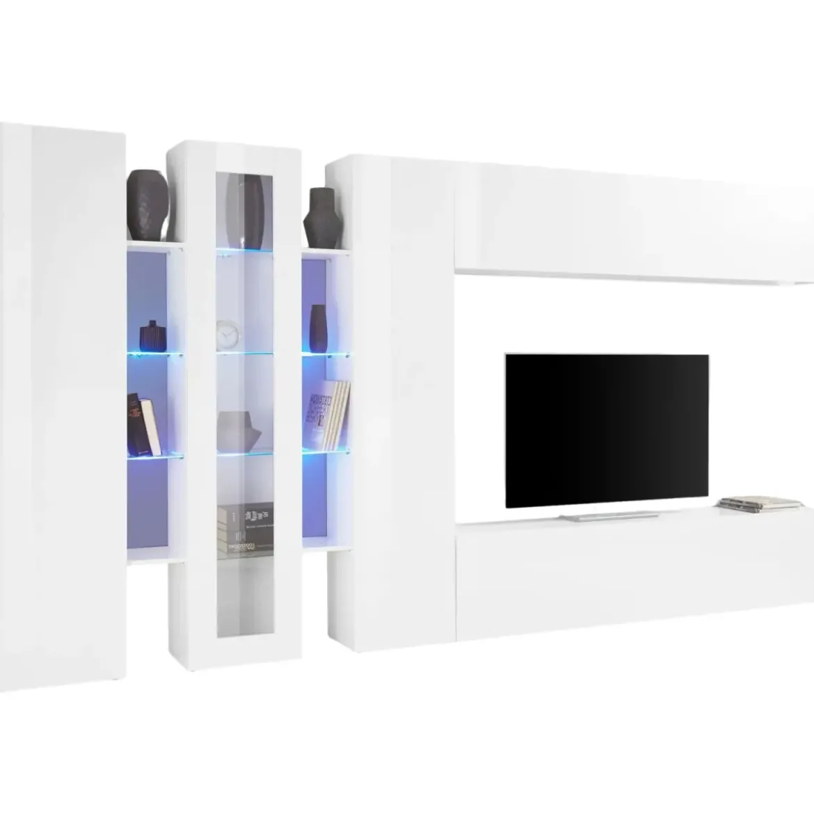 Parete Attrezzata Soggiorno Asimmetrica 340cm Colonne Vetrina Porta Tv