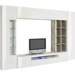 Parete Attrezzata TV Moderna 290 cm in Legno Bianco Lucido Cemento