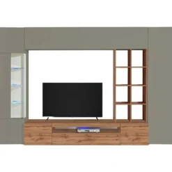 Parete Attrezzata TV Vetrina Pensili 290 cm in Legno Tortora Rovere