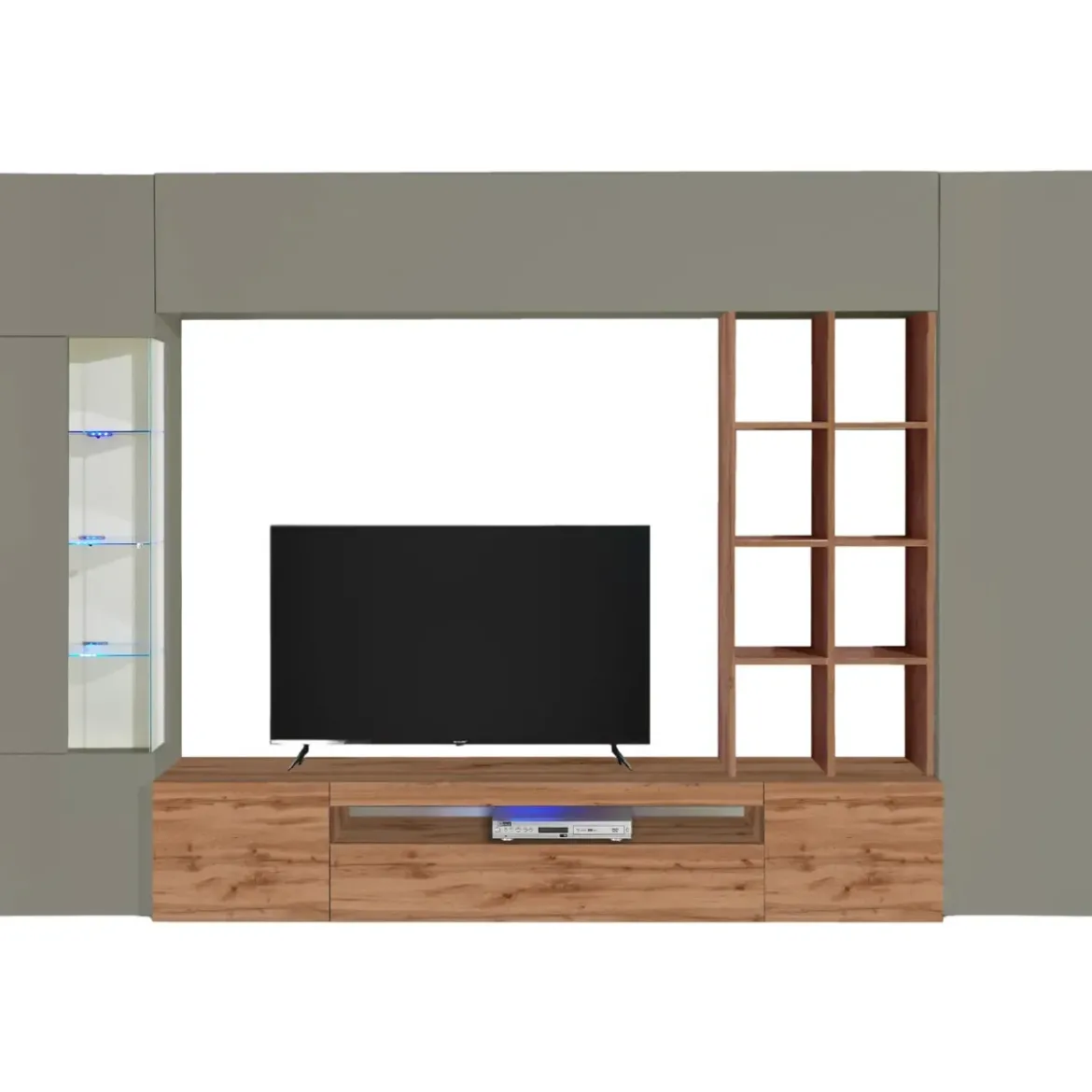 Parete Attrezzata TV Vetrina Pensili 290 cm in Legno Tortora Rovere