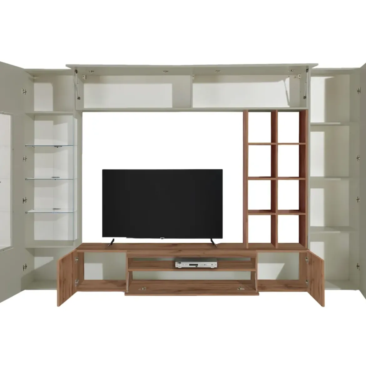 Parete Attrezzata TV Vetrina Pensili 290 cm in Legno Tortora Rovere