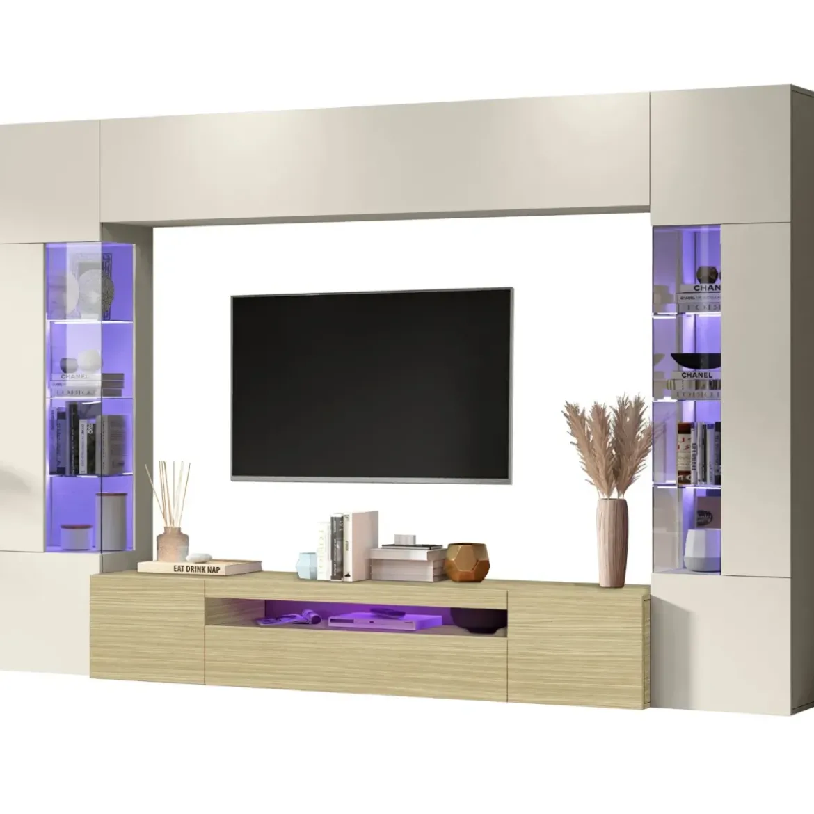 Parete Attrezzata 2 Vetrine Porta TV Libreria Beige Rovere Soggiorno