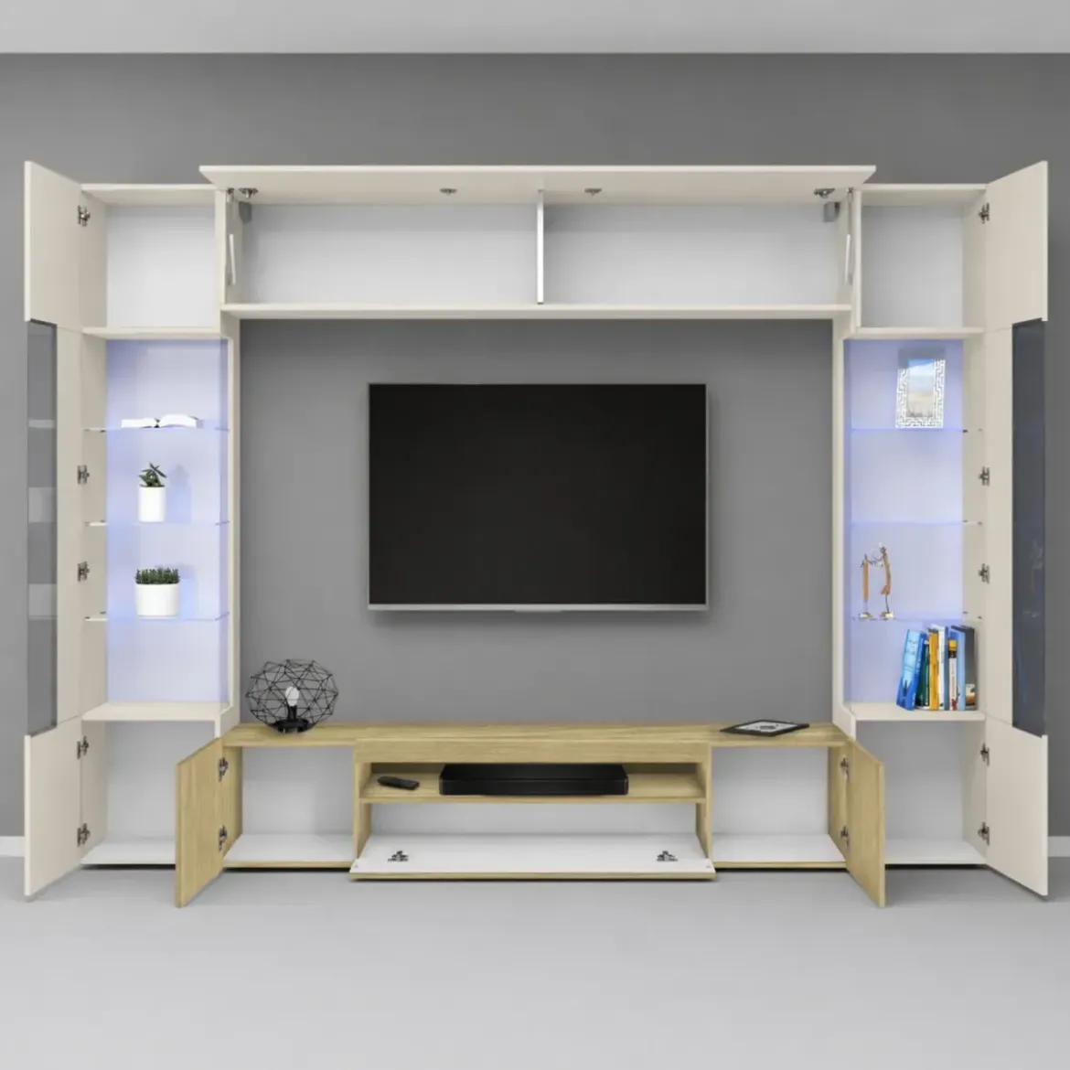 Parete Attrezzata 2 Vetrine Porta TV Libreria Beige Rovere Soggiorno