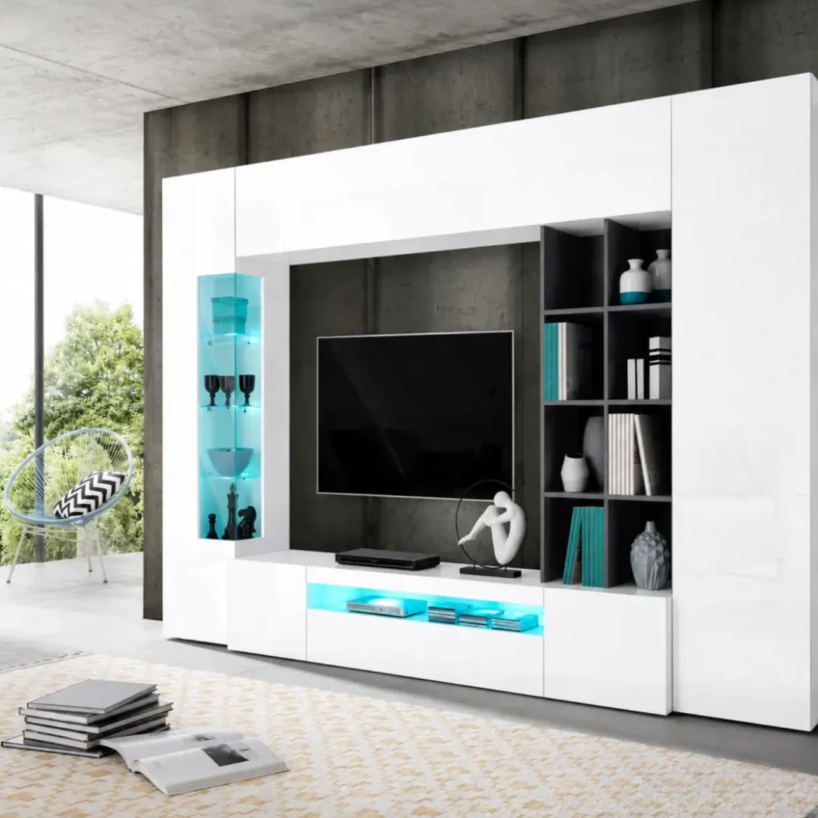 Parete da Soggiorno Mobile TV Vetrina Pensili 290 cm Bianco Report