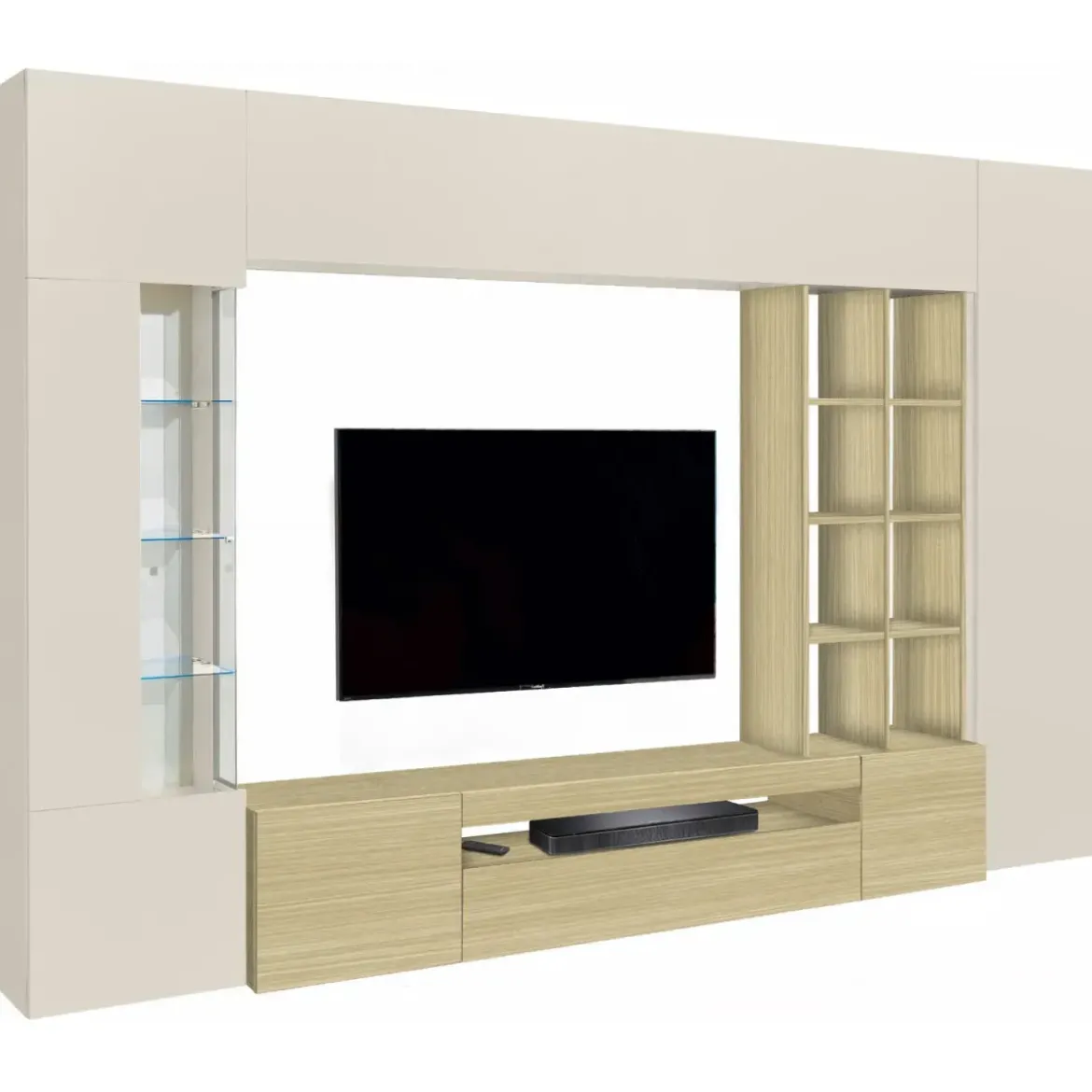 Parete Soggiorno Attrezzata Porta TV Vetrina Libreria Beige Rovere