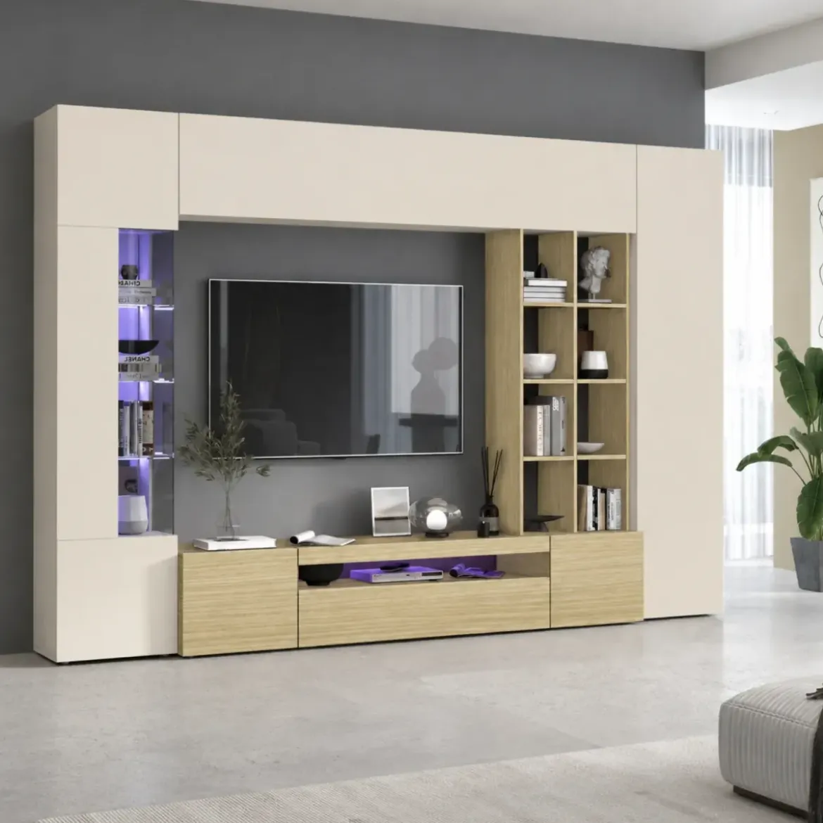 Parete Soggiorno Attrezzata Porta TV Vetrina Libreria Beige Rovere