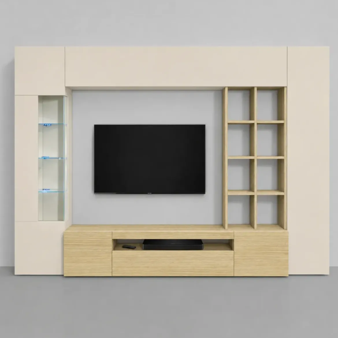 Parete Soggiorno Attrezzata Porta TV Vetrina Libreria Beige Rovere