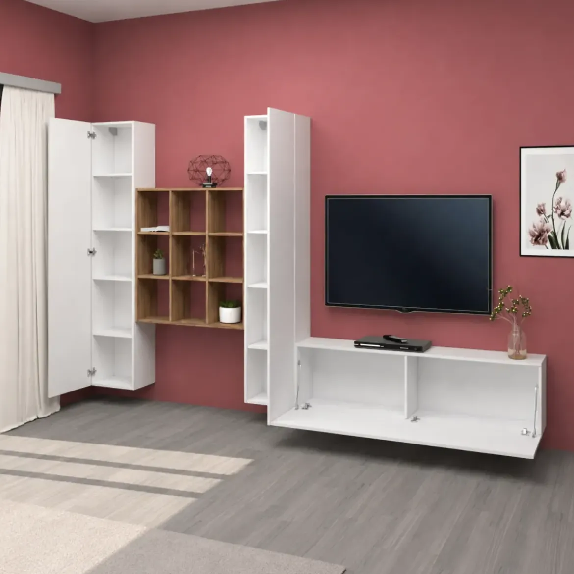 Parete Soggiorno Attrezzata 350 cm TV Colonne Libreria Bianco Rovere