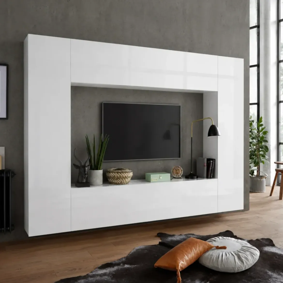 Parete Soggiorno Attrezzata Bianco Lucido Porta TV Pensile Vasistas