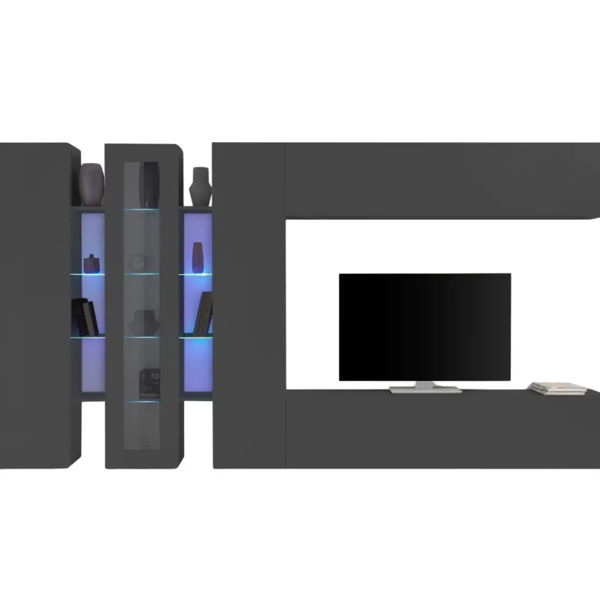 Parete Soggiorno Attrezzata Antracite Opaco Moderno Vetrina Porta TV