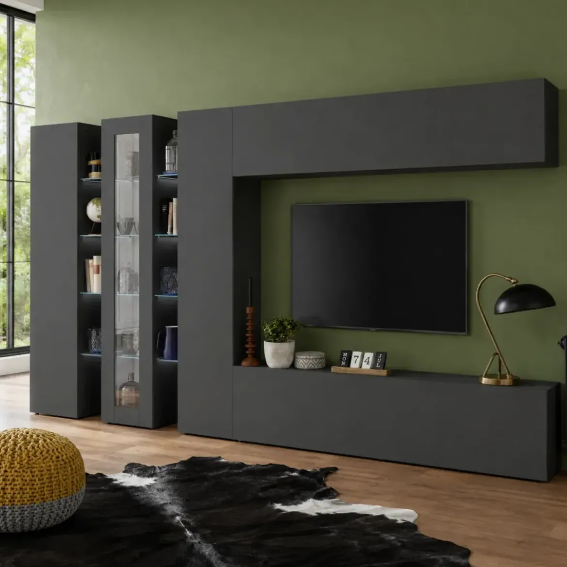 Parete Soggiorno Attrezzata Antracite Opaco Moderno Vetrina Porta TV