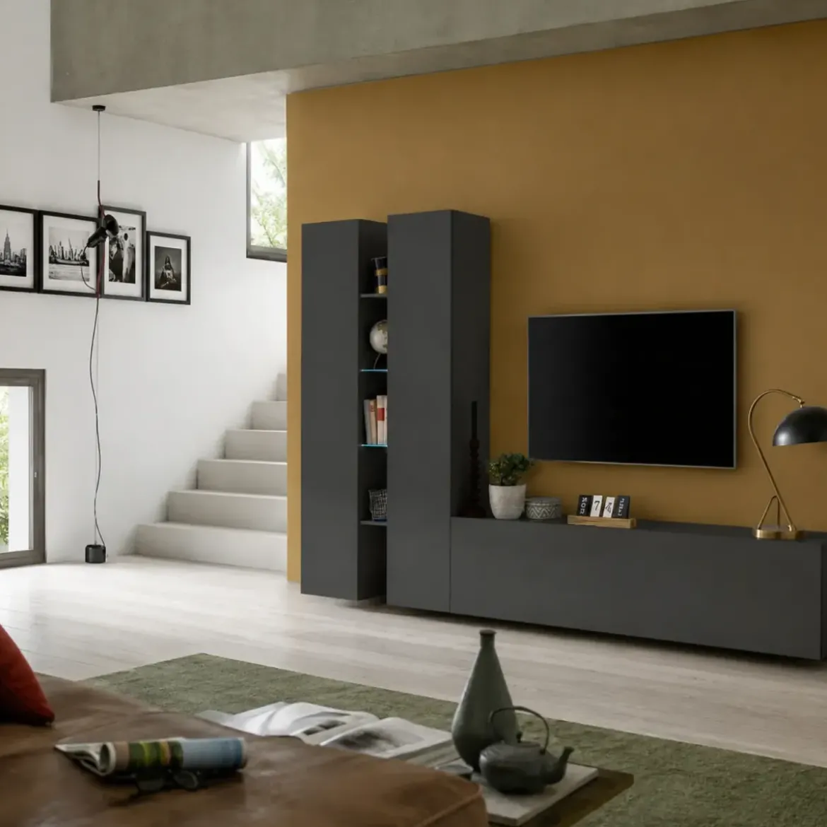 Parete Soggiorno Attrezzata Antracite Opaco Moderno 280x30x180 cm