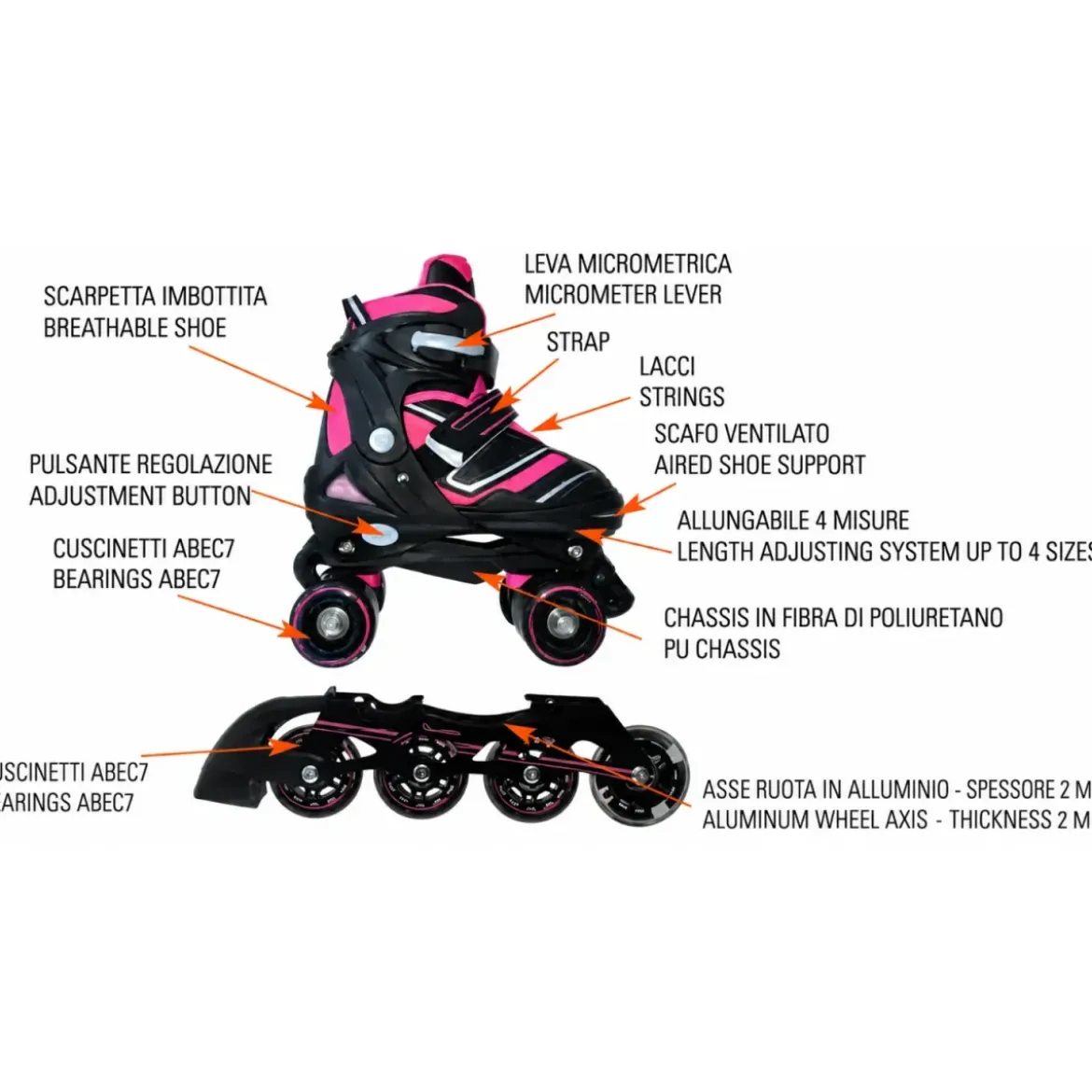 Pattini Bambini 2 in 1 L 38-41 Trasformabili a Rotelle in Linea Fucsia