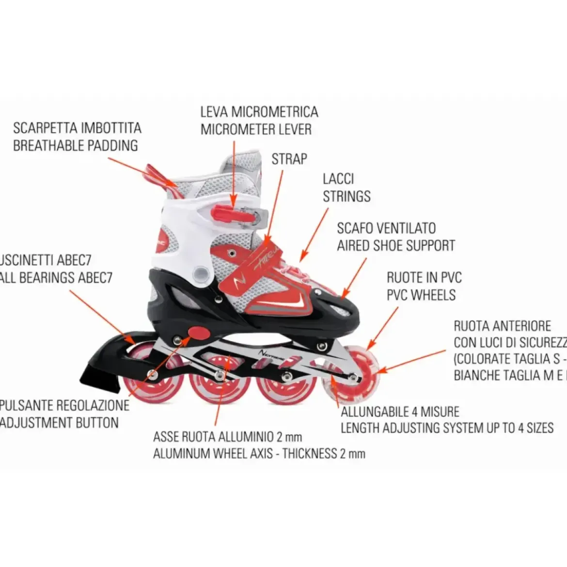 Pattini in Linea Bambini Regolabili 34-37 Rosso con Cuscinetti ABEC 7
