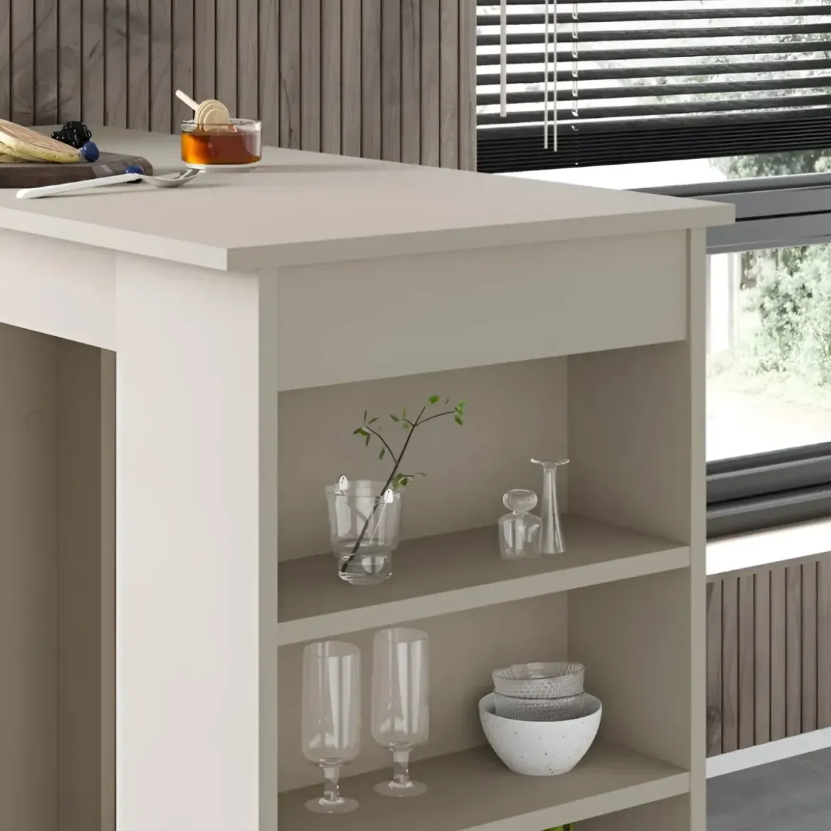 Penisola Cucina Alta 117x54 cm Tavolo Snack Beige Ripiani Salvaspazio