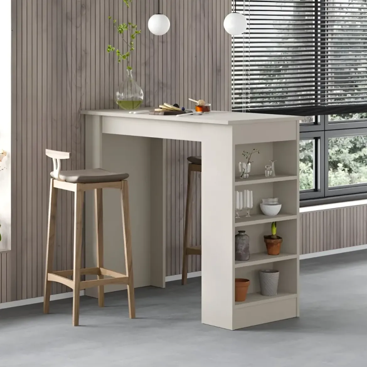 Penisola Cucina Alta 117x54 cm Tavolo Snack Beige Ripiani Salvaspazio