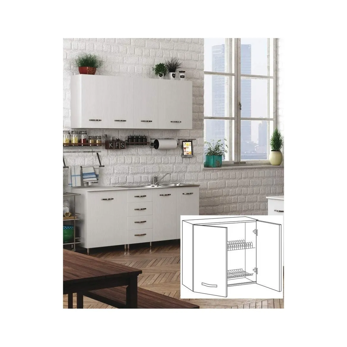 Pensile per Cucina Componibile Scolapiatti 80 cm Larghezza Legno Bianco Larice