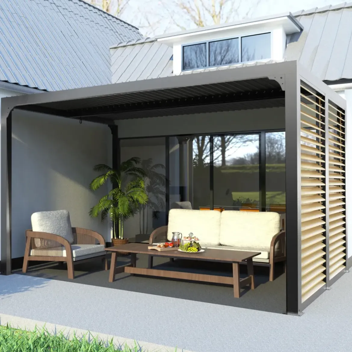 Pergola Bioclimatica in Alluminio con Lamelle Effetto Legno 360x300