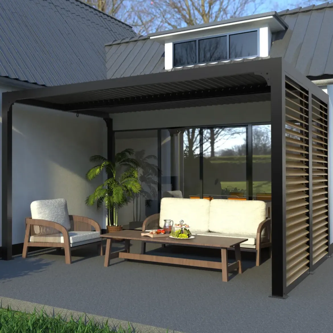 Pergola Bioclimatica in Alluminio con Lamelle Effetto Legno 360x300