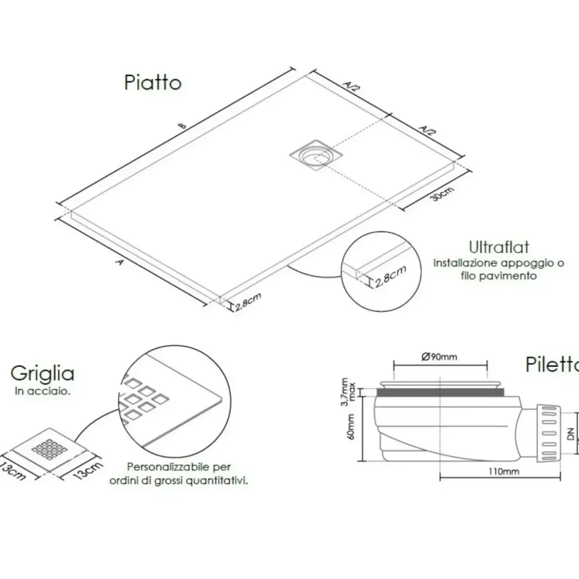 Piatto Doccia Bianco Ardesia Slim Effetto Pietra Filo Pavimento in Marmo Resina