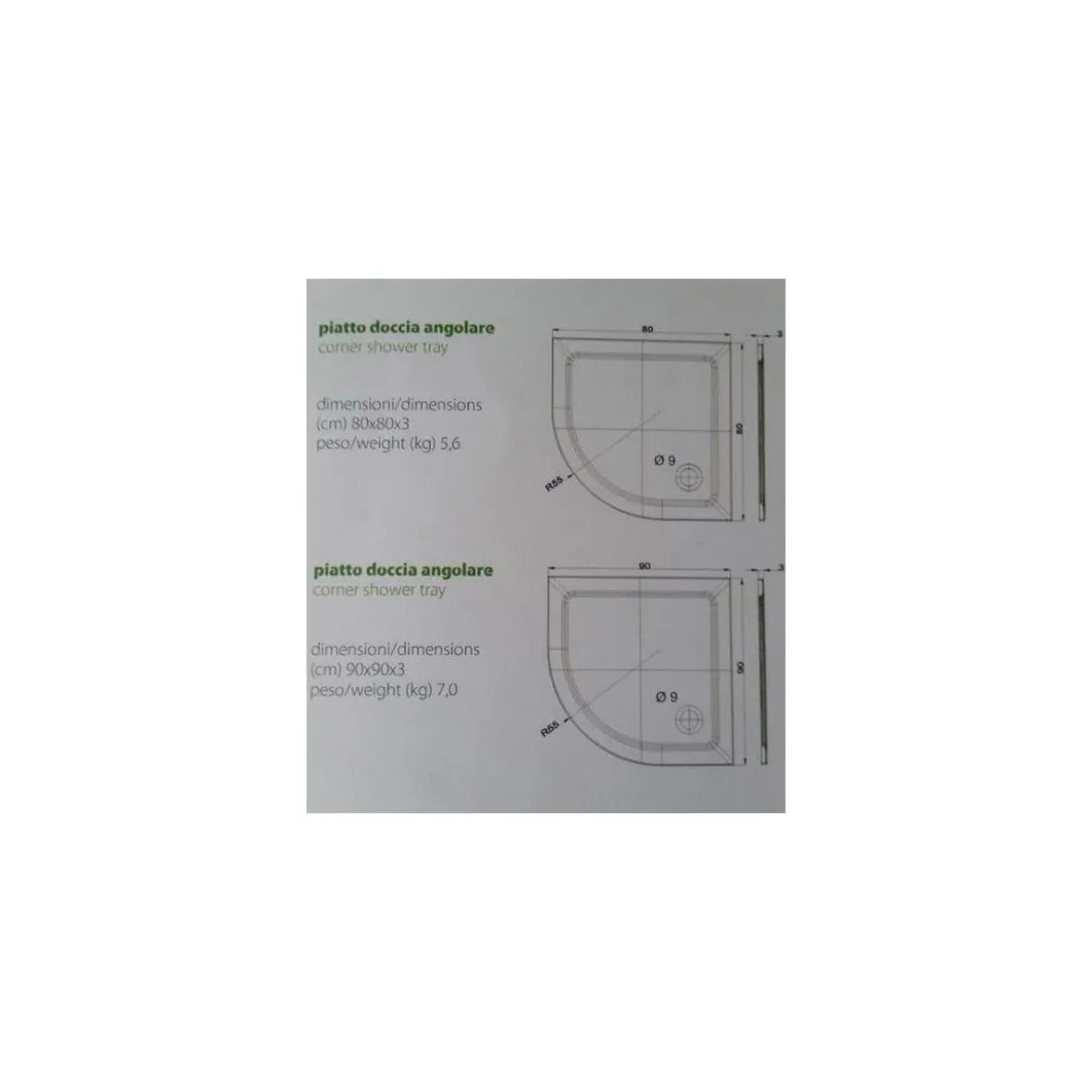 Piatto Doccia Resina Angolare Semicircolare 80x80 90x90 Flat 3cm Bianco Piletta