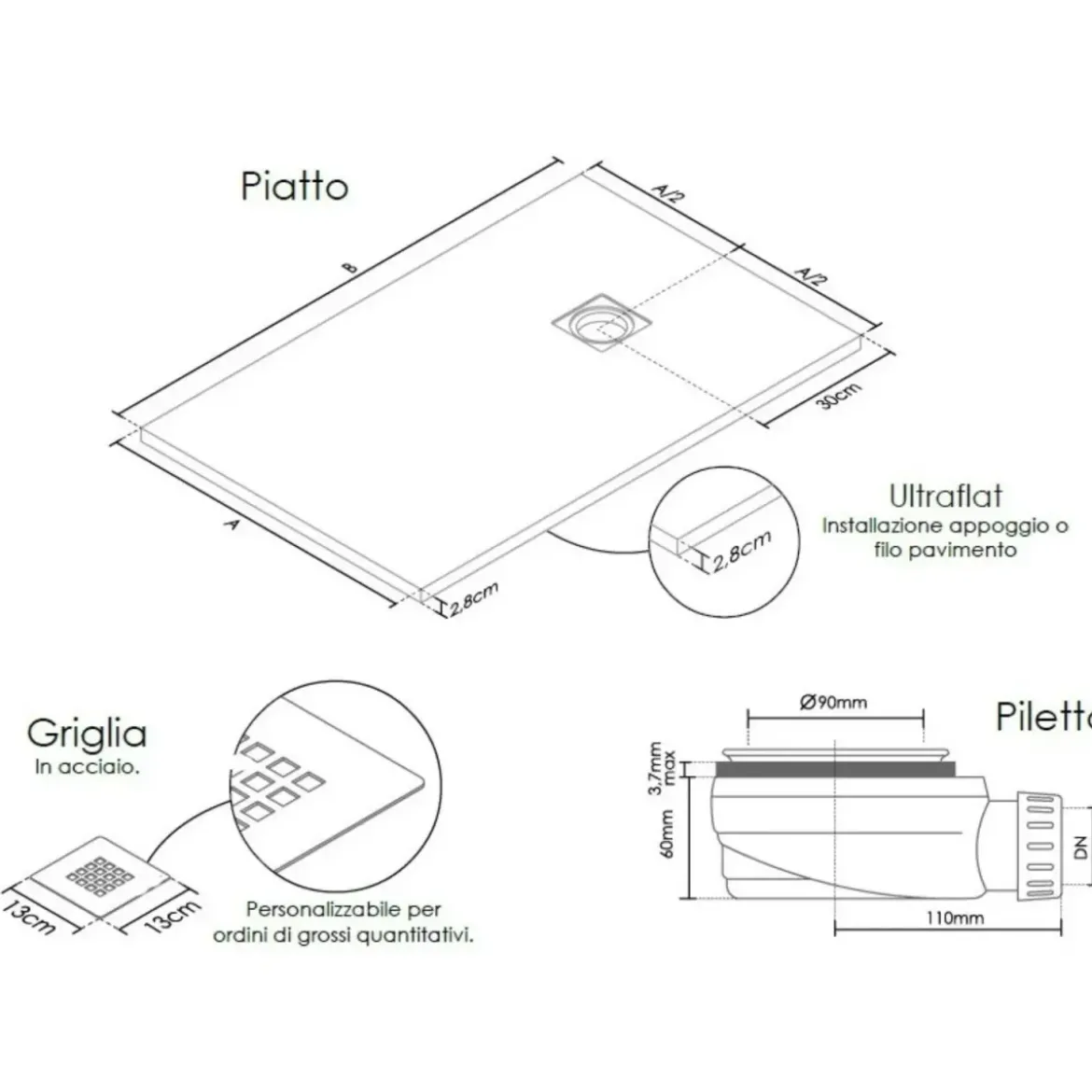Piatto Doccia Rettangolare 70 80 90 100 120 Effetto Pietra Ultra Slim Avorio