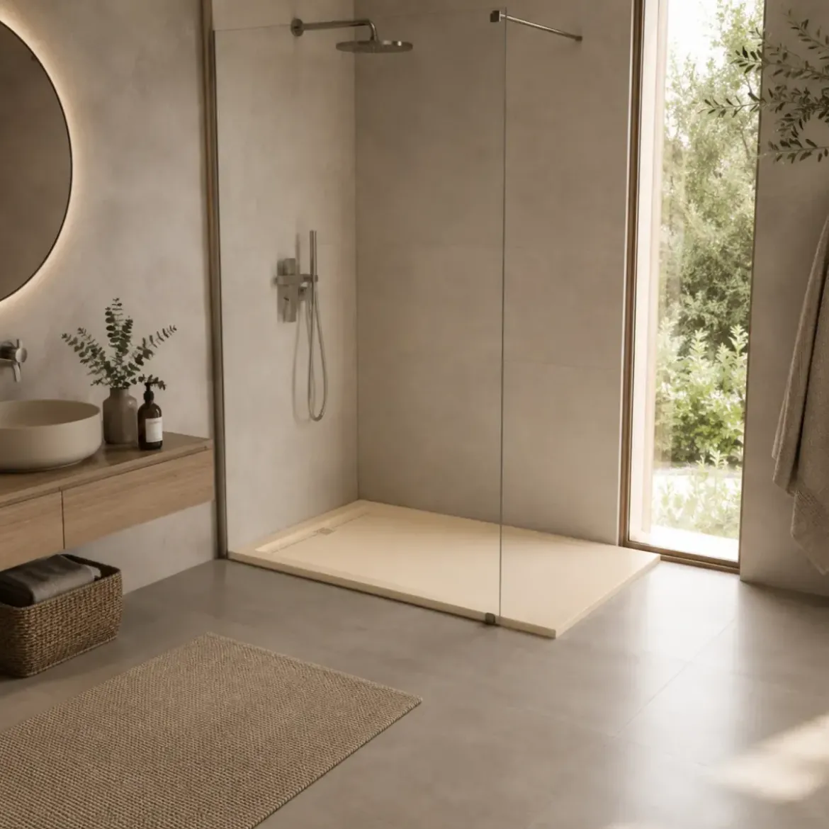 Piatto Doccia Slim Crema in Resina Marmo Effetto Pietra Filo Pavimento Angolare
