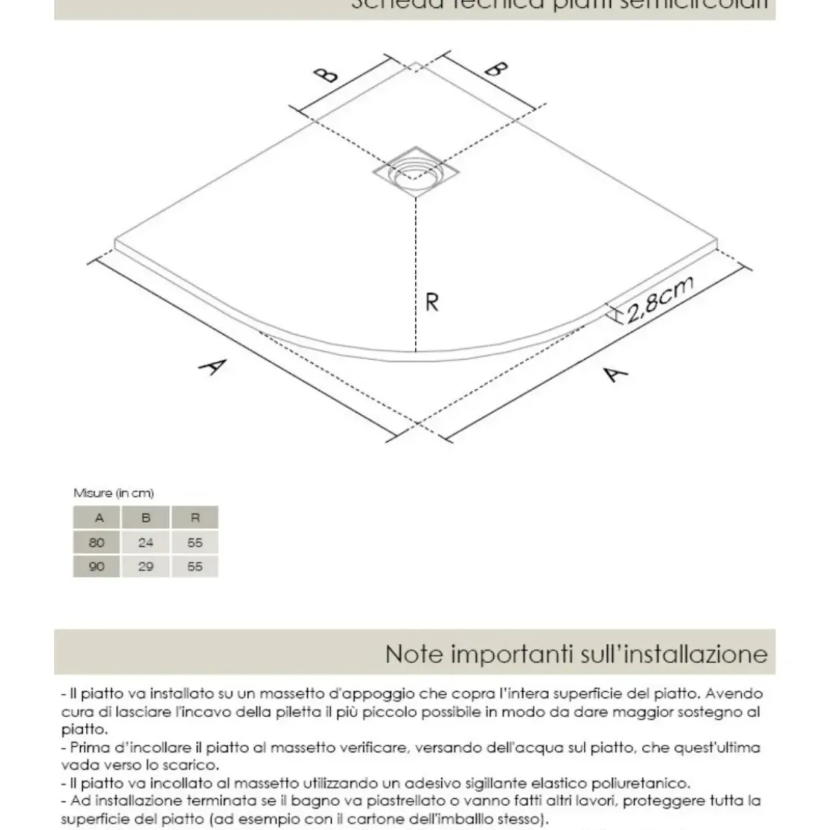 Piatto Doccia 80x80 90x90 Slim Semicircolare Effetto Pietra Angolare con Piletta