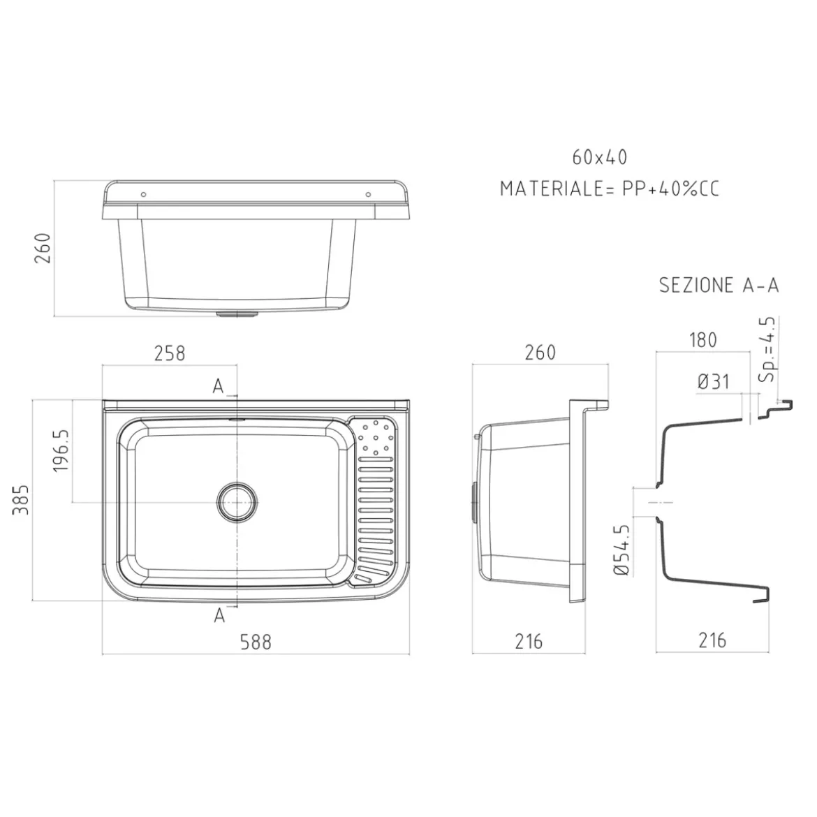 Pilozzo Lavabo in Resina 59x39x28 cm da Esterno Sifone e Kit Montaggio