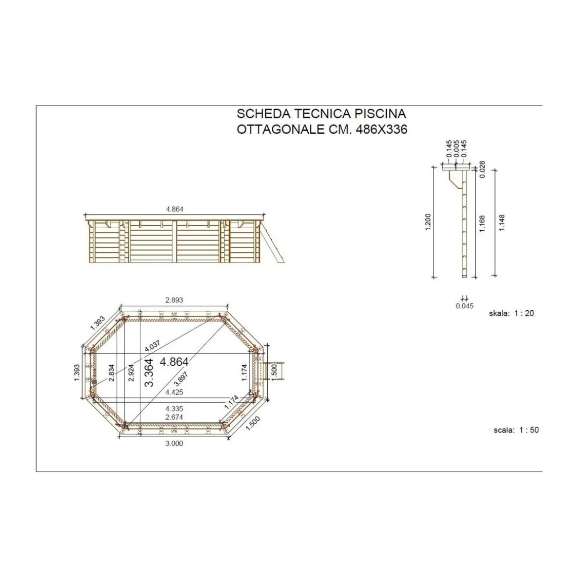 Piscina Fuoriterra in Legno 486x336 Ottagonale con Filtro Liner Skimmer Scaletta