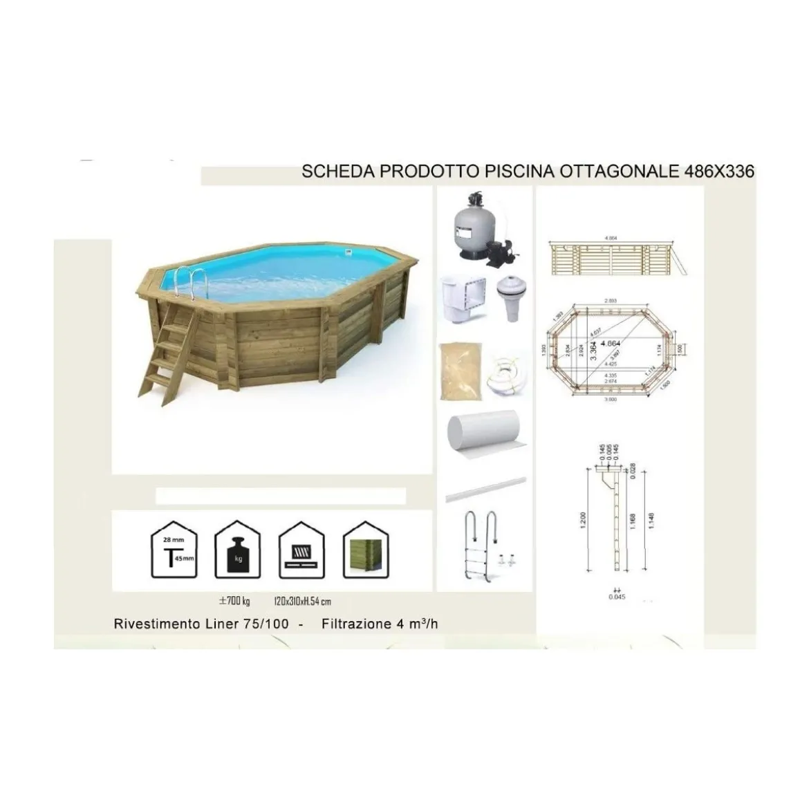 Piscina Fuoriterra in Legno 486x336 Ottagonale con Filtro Liner Skimmer Scaletta
