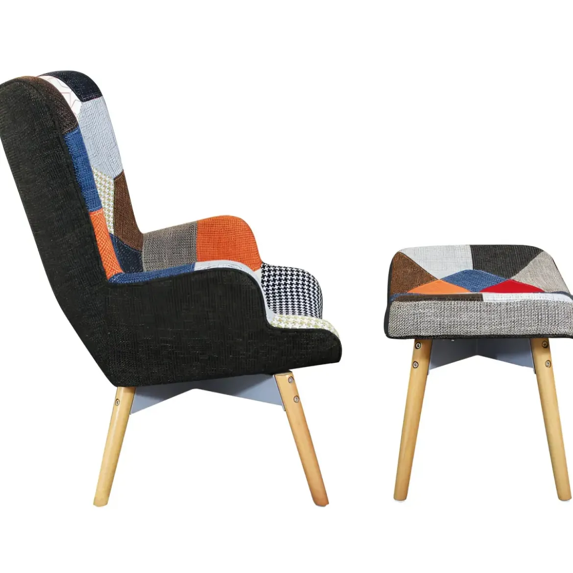 Poltrona con Poggiapiedi Patchwork Struttura in Acciaio Gambe in Legno