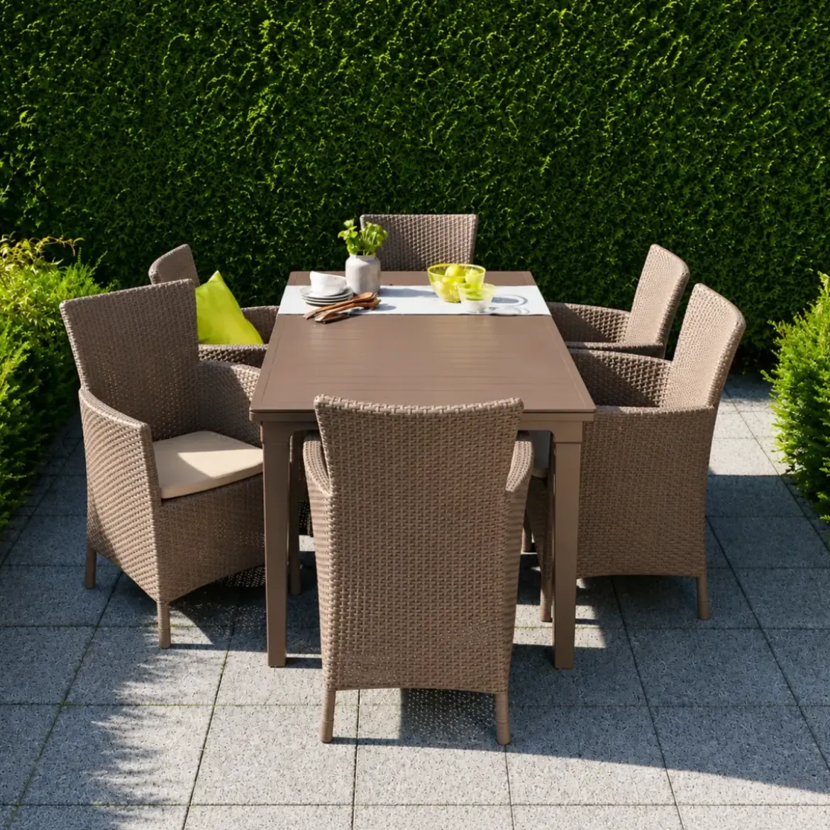 Poltrona da Esterno Cappuccino in Resina Rattan con Cuscino Sabbia