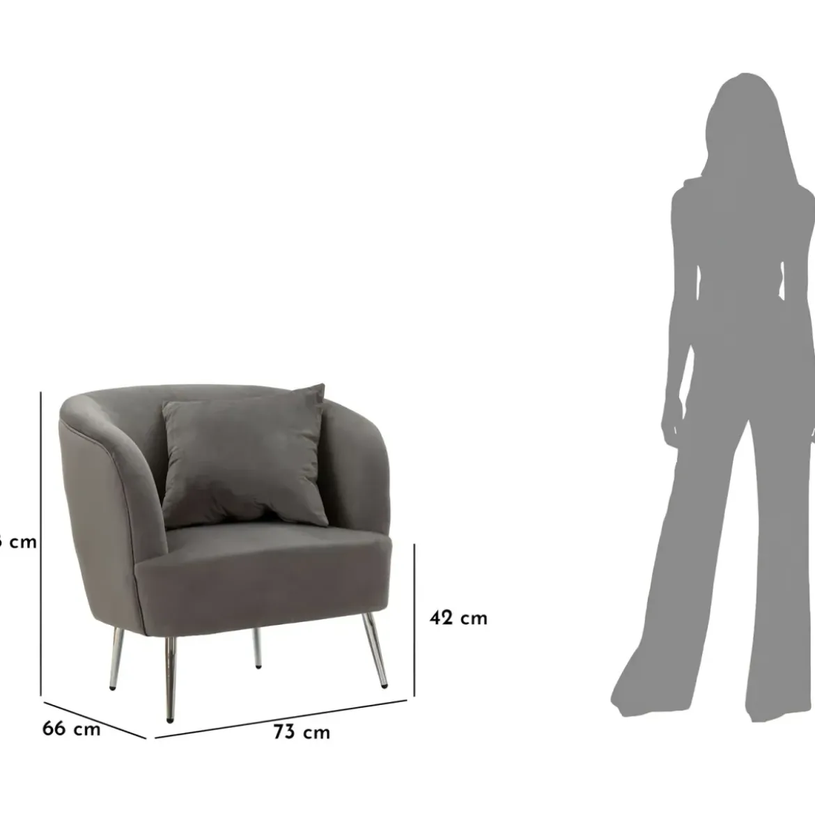 Poltrona Imbottita in Velluto Grigio con Cuscino Gambe in Metallo