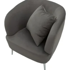 Poltrona Imbottita in Velluto Grigio con Cuscino Gambe in Metallo