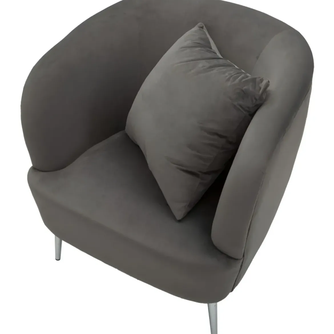 Poltrona Imbottita in Velluto Grigio con Cuscino Gambe in Metallo