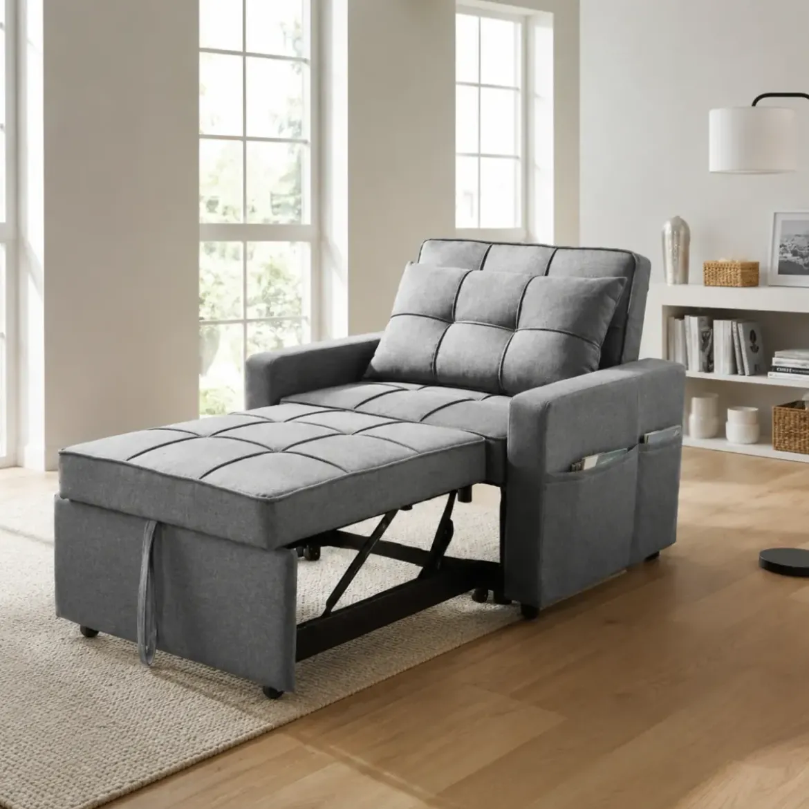 Poltrona Letto per Soggiorno Camera da Letto Tessuto Grigio Tasche Laterali