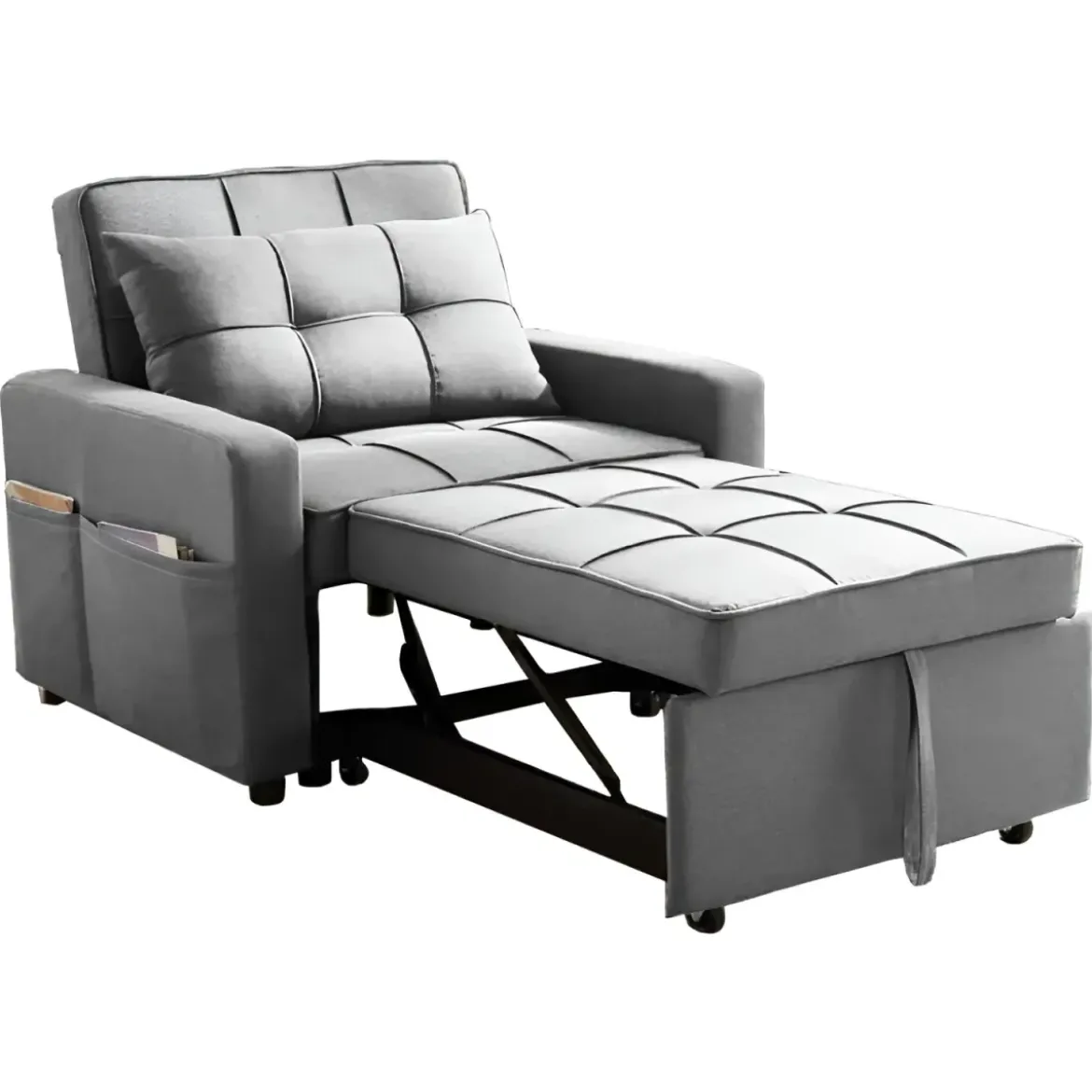 Poltrona Letto per Soggiorno Camera da Letto Tessuto Grigio Tasche Laterali