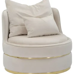 Poltrona Rotonda in Velluto Crema Finiture Oro Salotto Camera da Letto