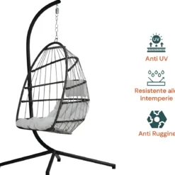 Poltrona Sospesa da Giardino Rattan 74x64x106 cm Struttura Acciaio Nero