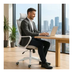 Poltrona Ufficio Ergonomica Bianco con Rete Traspirante e Poggiatesta